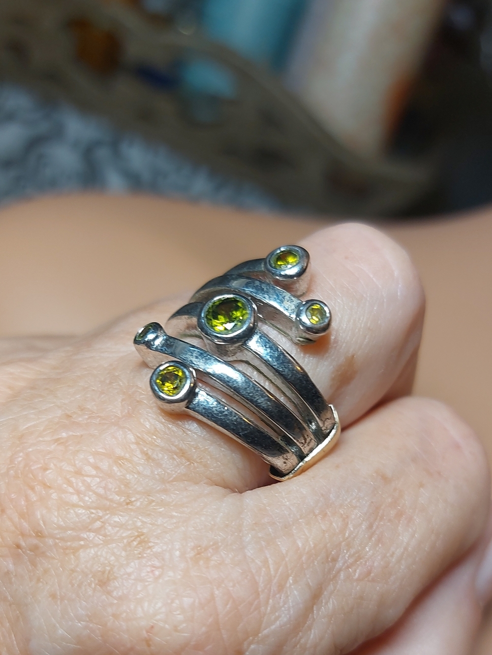 Silvertone Multi-Band Peridot Statement Ring - Size 7